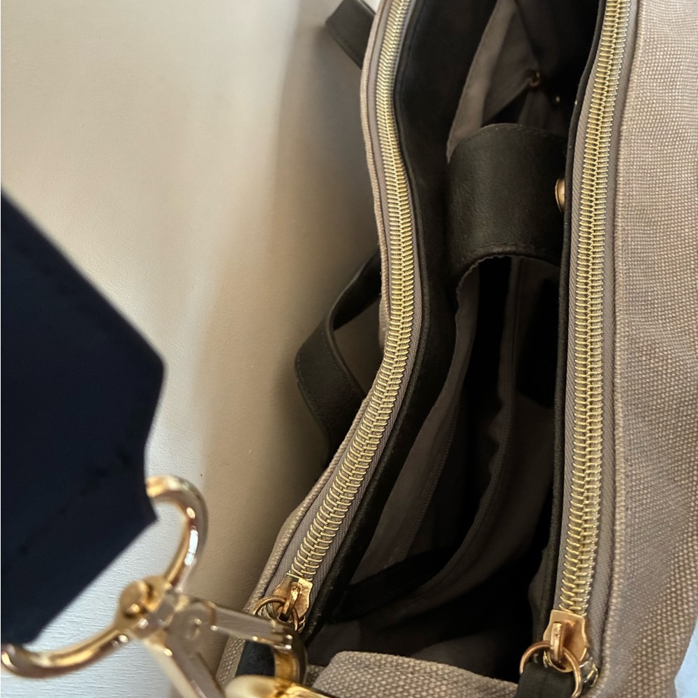 Erin Condren Gray Canvas Tote BodyCross Bag Leather Handles Pink/ navy ad Strap - Picture 7 of 11